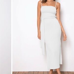 Sleeveless White Ribbed Midi Dress with Waist Tie
